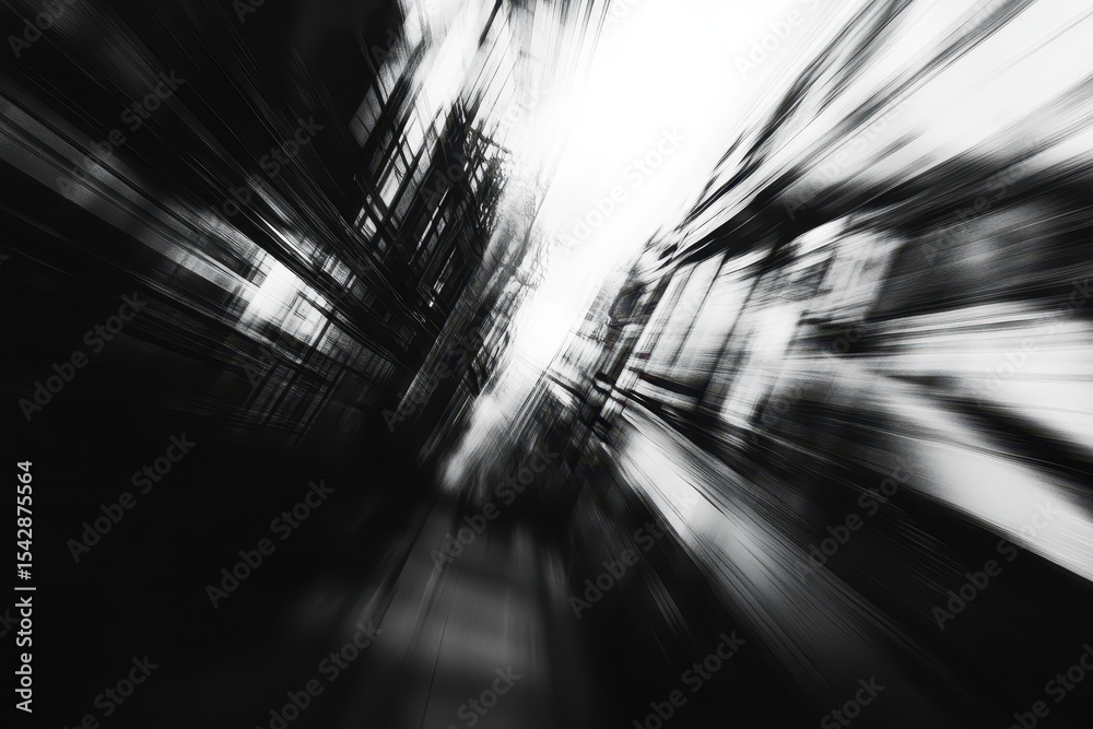 Poster camera captures dynamic motion through urban landscape with blurred city buildings, abstract of a ca