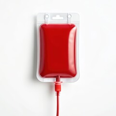 A clear plastic blood bag filled with red liquid, used for blood transfusions, against a white background.