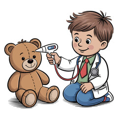 A young boy dressed as a doctor examining a teddy bear with a digital thermometer on a white background