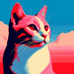 Vibrant Pop Art Cat with Red Eyes Against a Pink and Blue Sky - Modern Stylized Pet Illustration