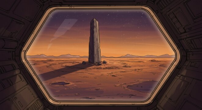 Alien Landscape Monolith in a Desolate Martian Desert, Viewed Through a Spaceship Window