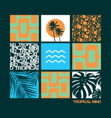 Illustration in graphic style of composition with tropical elements.