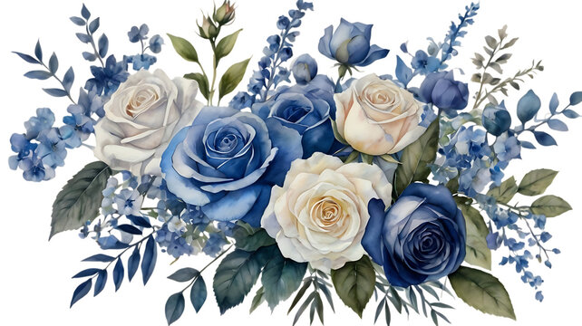 Watercolor blue and white roses bouquet isolated on transparent background isolated on white background