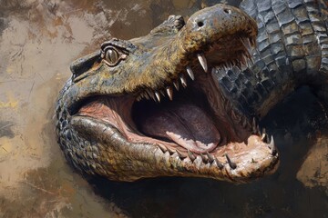 Obraz premium Crocodile with jaws wide open in natural habitat showcasing powerful teeth and fierce expression, Crocodille opening mouth and showing jaws