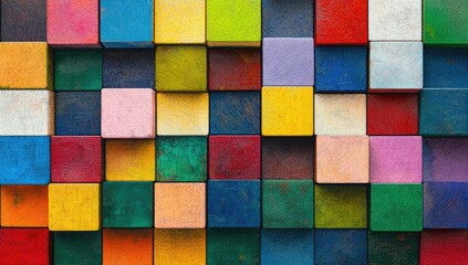 Colorful wooden blocks arranged in a grid pattern