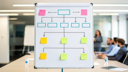 A whiteboard with a flowchart using colorful sticky notes is shown during a business meeting in a modern office setting.