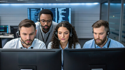 Four professionals with headsets focus intently on computer screens in a modern control room with digital displays in the background.