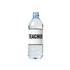 Fototapeta premium Water bottle with “teacher” label floating in mid air, on solid white background