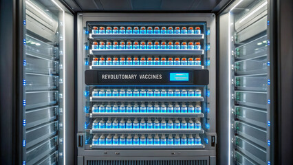 A refrigerated storage unit filled with rows of vaccine vials labeled "Revolutionary Vaccines.