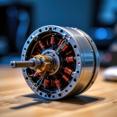 Close-up View of Electric Motor with Copper Coils and Precision Engineering in a Modern Workspace