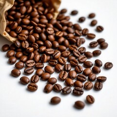 Obraz premium Rich Brown Coffee Beans Spilling from a Kraft Bag on Clean White Surface for Culinary and Beverage Use