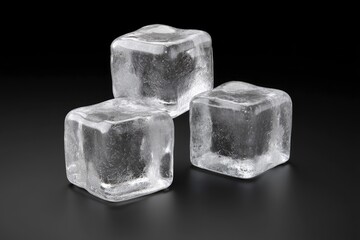 Three ice cubes sit against a dark background their surfaces shimmering