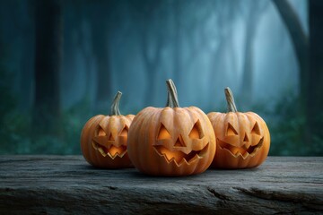 Three jackolanterns sit on a wooden surface lit from within against a dark misty forest backdrop
