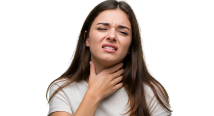 Young woman experiencing sore throat pain touching her neck expression of discomfort