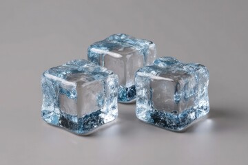Three ice cubes sit on a gray surface exhibiting irregular shapes and textured surfaces casting subtle shadows