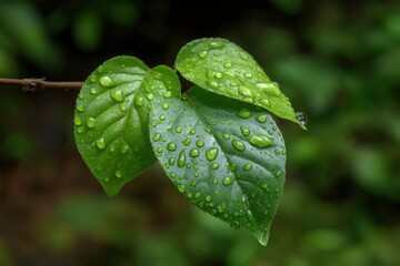 Three green leaves with water droplets cling to a branch