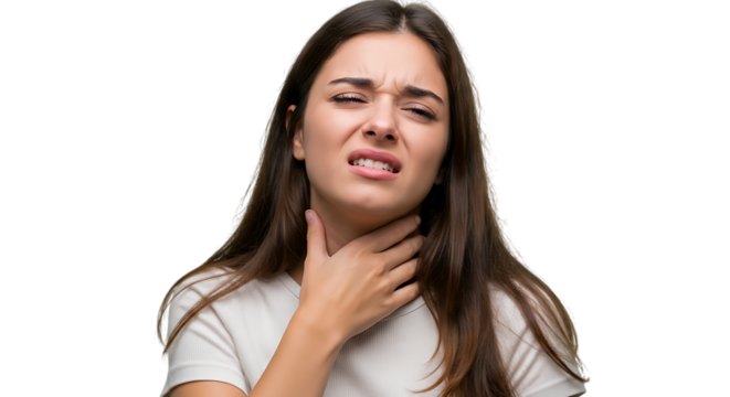 Young woman experiencing sore throat pain touching her neck expression of discomfort