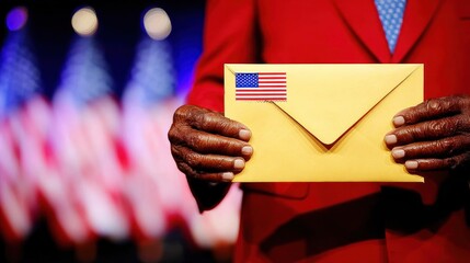 Man holds a letter in front of flags