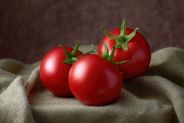Three red tomatoes sit on a light brown wrinkled cloth with a blurred brown backdrop