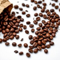 Obraz premium Freshly Roasted Coffee Beans Spilling from Open Bag on White Surface for Culinary and Beverage Use