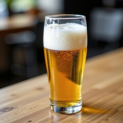 Refreshing Cold Beer in a Clear Glass on a Wooden Table in Cozy Bar Interior