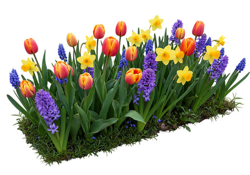 Vibrant spring garden display featuring tulips daffodils hyacinths and grape hyacinths against black