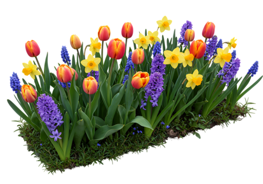 Vibrant spring garden display featuring tulips daffodils hyacinths and grape hyacinths against black