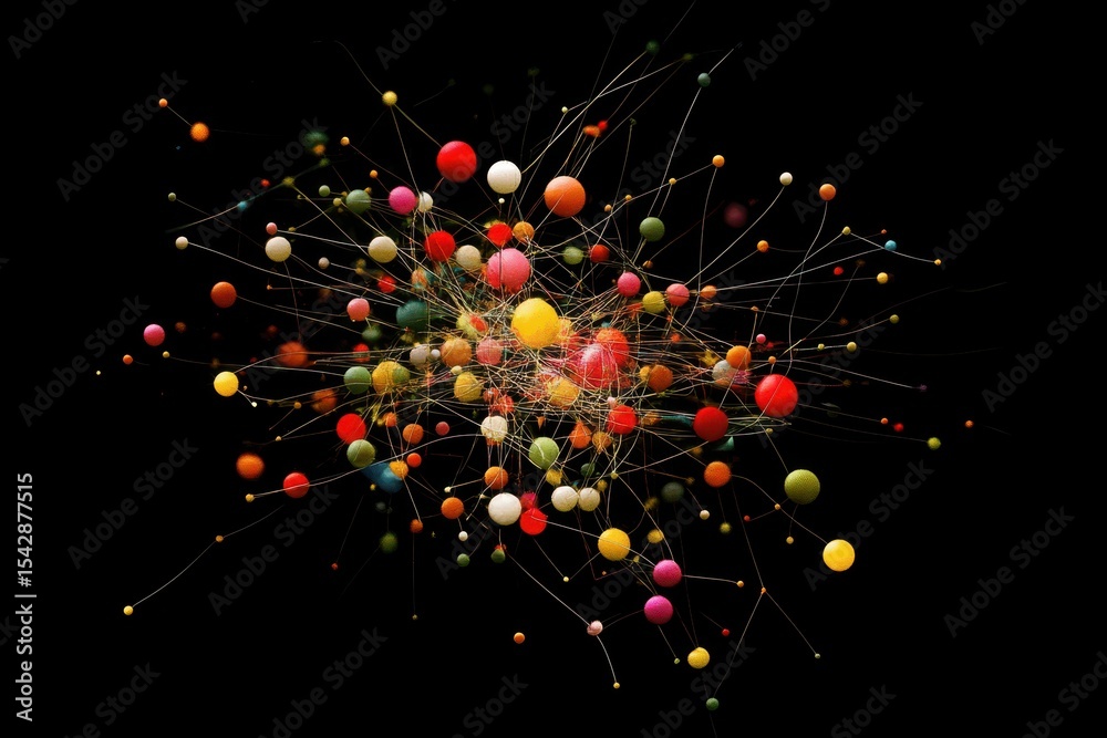 Poster network of colorful connections forming a vibrant abstract design on a black background, network of 