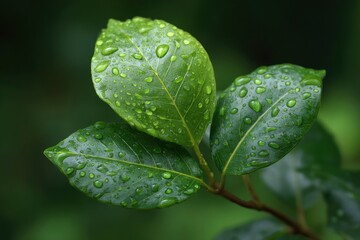 Three vibrant green leaves covered in glistening water droplets against a blurred green background