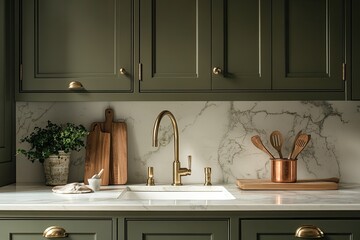 Minimalist kitchen with olive green cabinets, white marble countertop, and brass faucet. The scene includes an empty space above the counter for product placement.