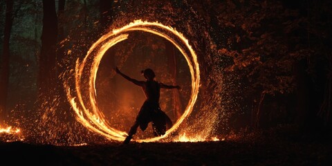 Silhouette of a person standing inside a circle of fire in a dark forest at night with sparks flying