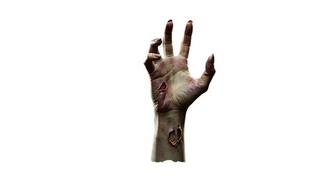Realistic zombie hand with exposed flesh and dark background halloween concept