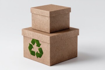 Two brown boxes are stacked atop a white surface the bottom one marked with a green recycle logo