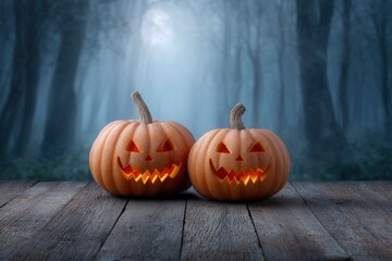 Two carved pumpkins with smiling faces glowing against a foggy forest backdrop