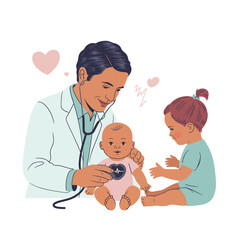 A doctor examining a baby with a stethoscope while another child sits nearby in a white backdrop