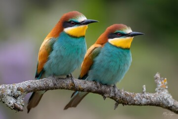 Two vibrant beeeaters perch on a lichencovered branch set against a soft blurred green background