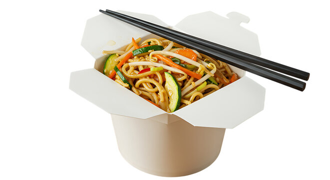 Delicious takeout noodles with vegetables and chopsticks in a classic chinese food box