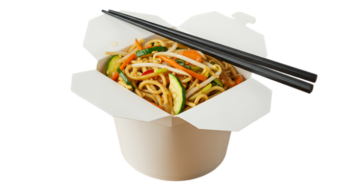 Delicious takeout noodles with vegetables and chopsticks in a classic chinese food box