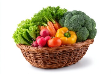 Fototapeta premium Wicker basket filled with lettuce broccoli carrots radishes pepper and a tomato