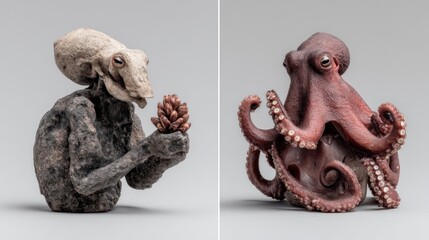 Sculptures of fantastical creatures, one holding a pine cone and the other an octopus on a skull.