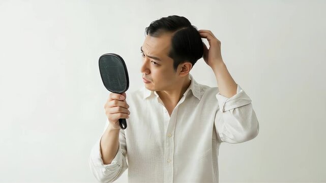 髪の分け目の薄毛に悩む、白い服の30代男性のクローズアップ