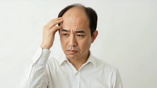 髪の薄毛に悩み頭皮を触る、白い服の40代男性の上半身