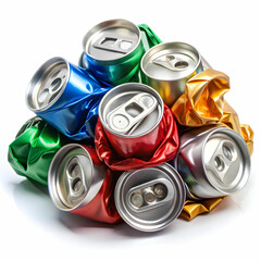 crumpled bright aluminum soda cans on white studio