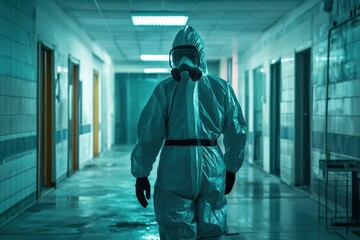 Disinfector in biohazard suit sanitizing a contaminated area in a healthcare facility, disinfector in a biohazard suit standing in an infected room