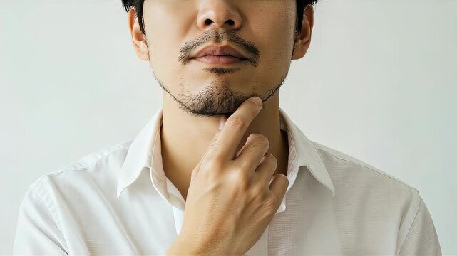 髭の濃さに不満を持つ、白い服の30代男性のクローズアップ