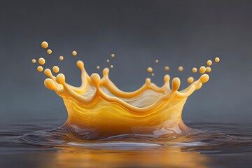 Yellow fluid splashing into water forms a crownlike shape with droplets against a blurred background
