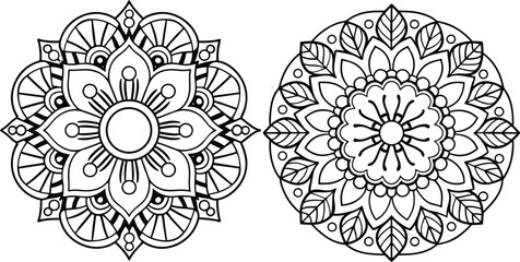 Two black and white floral mandala designs for coloring or decoration