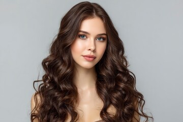 Young woman with long wavy brown hair fair skin and light eyes set against a plain grey background