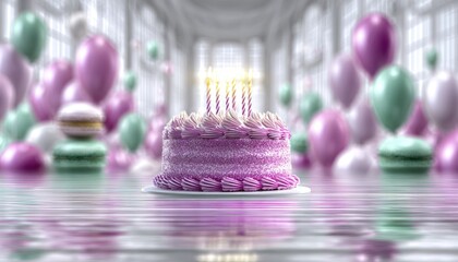 Pink birthday cake in a room with balloons