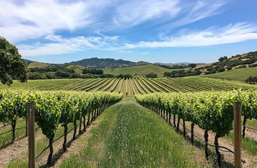 Fototapeta premium Panoramic vineyard rows stretch into distance under a clear sky